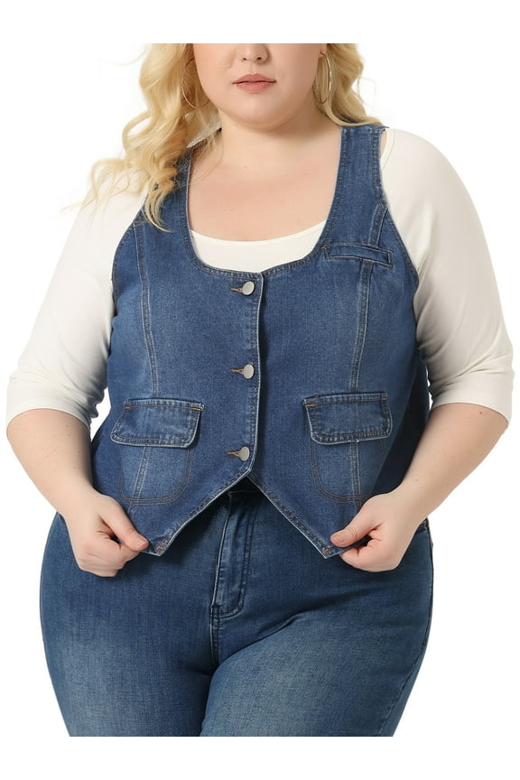 Women's Plus Size Denim Jackets Sleeveless Button Crop Waistcoat Vests 1X Blue