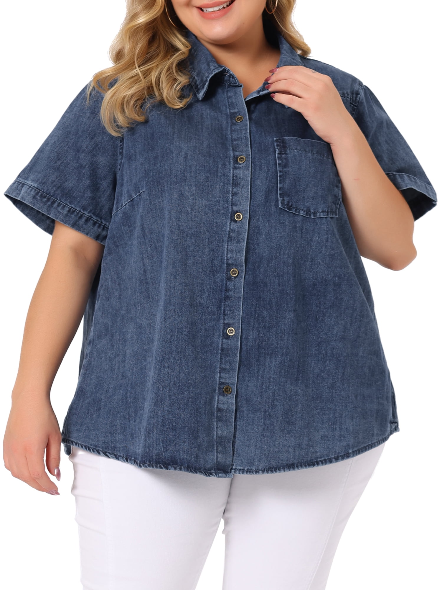 Unique Bargains Women's Plus Size Denim Jean Shirts Short Sleeve Button Down Tops 1X Denim Blue
