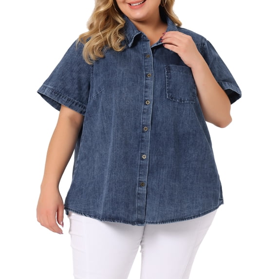 Unique Bargains Women's Plus Size Denim Jean Shirts Short Sleeve Button Down Tops 1X Denim Blue
