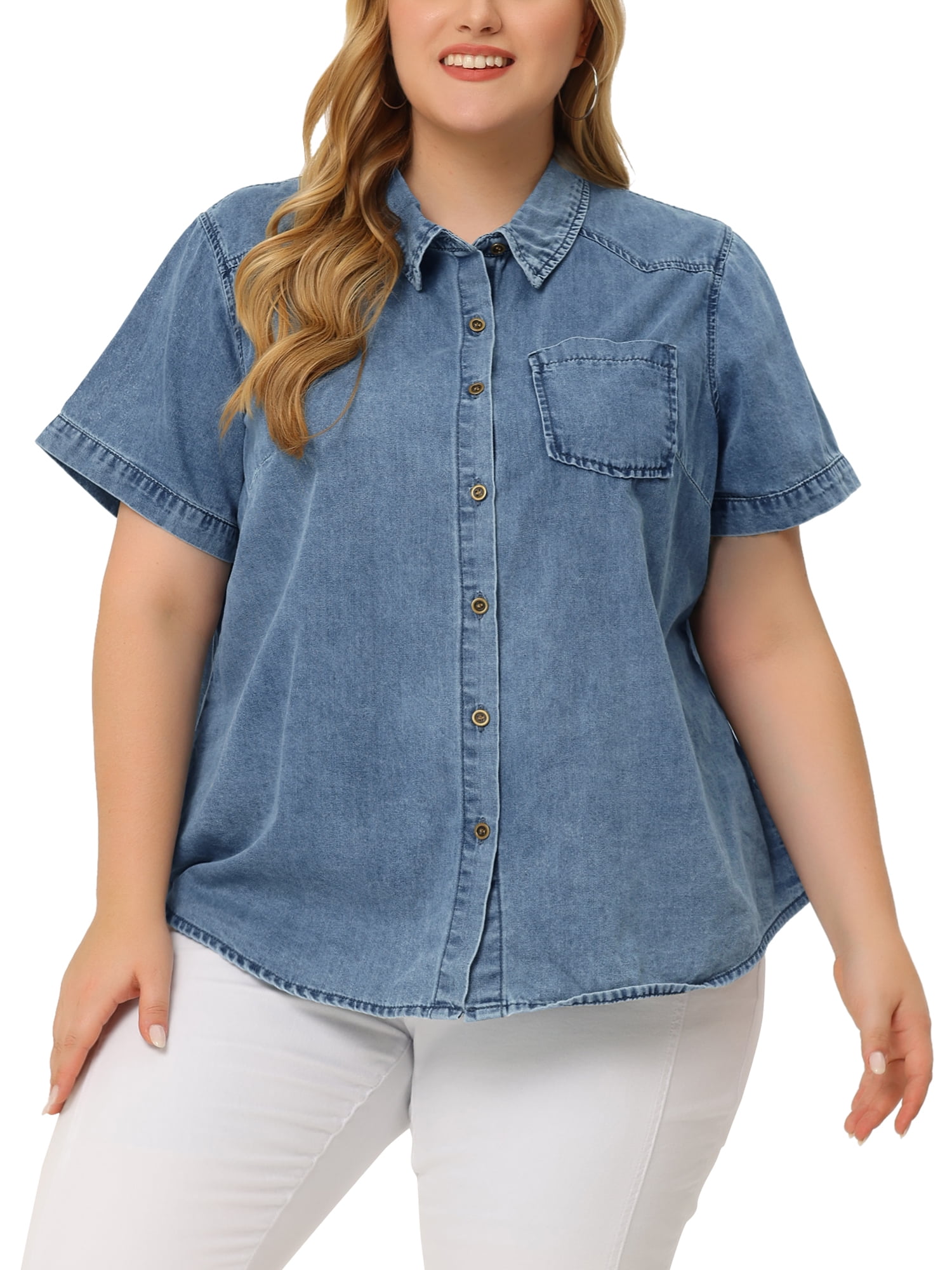 Unique Bargains Women's Plus Size Denim Jean Shirts Short Sleeve Button Down Tops 1X Stone Washed Blue