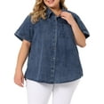 thumbnail image 1 of Unique Bargains Women's Plus Size Denim Jean Shirts Short Sleeve Button Down Tops 2X Denim Blue, 1 of 6