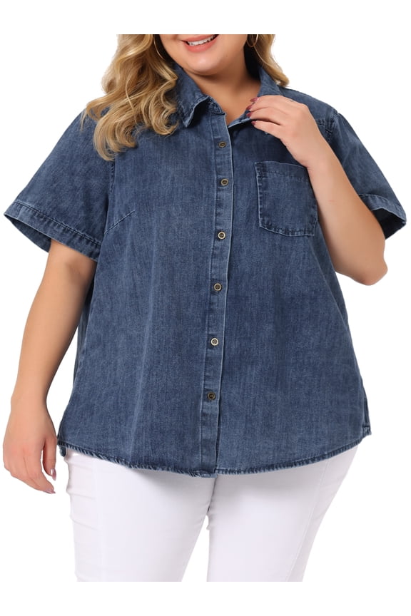 Women's Plus Size Denim Jean Shirts Short Sleeve Button Down Tops 2X Denim Blue