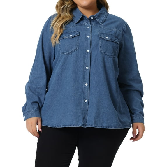 Unique Bargains Women's Plus Size Denim Long Sleeve Button Down Jean Jacket 4X Mid Blue