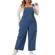 Unique Bargains Women's Plus Size Denim Overalls Bib Jeans Suspenders Jumpsuit 1X Mid Blue