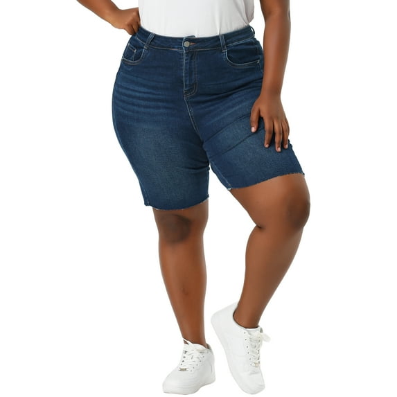 Unique Bargains Women's Plus Size Denim Shorts Slash Pocket Capri Jeans