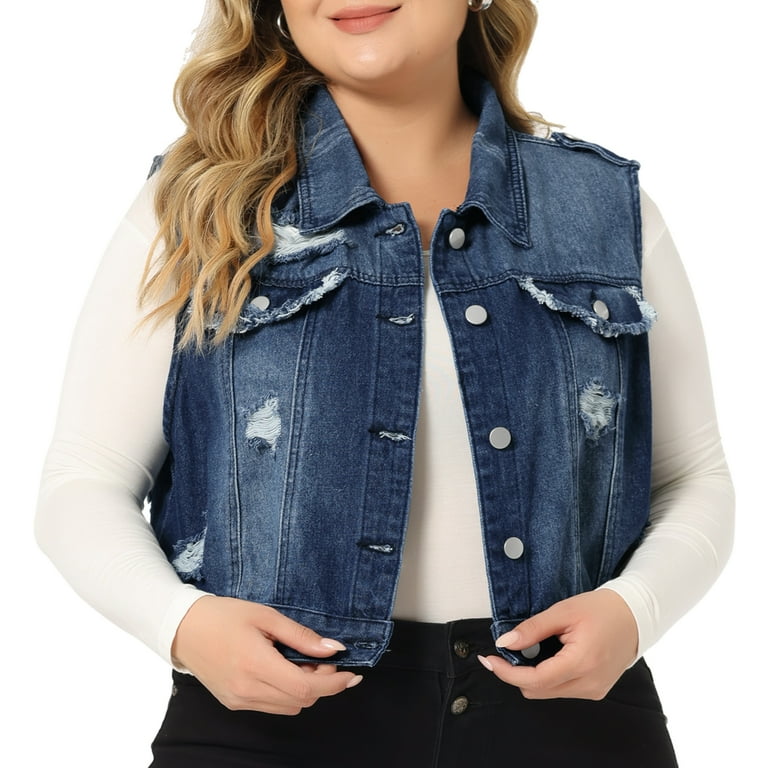 Unique Bargains Women's Plus Size Denim Sleeveless Vest Jacket 1X