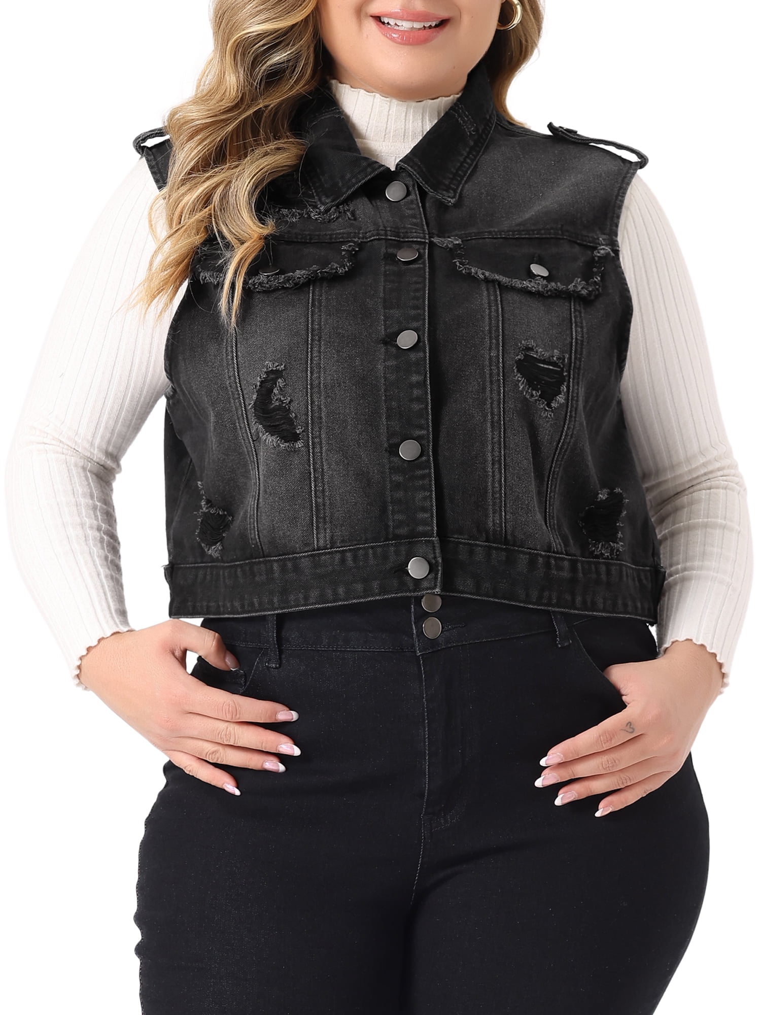Unique Bargains Women's Plus Size Denim Sleeveless Chest Pockets Vests Jacket 2X Black