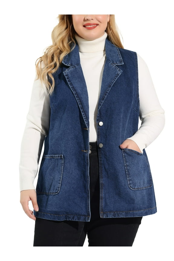Women's Plus Size Denim Sleeveless Lapel Vest Relax Notched Jacket