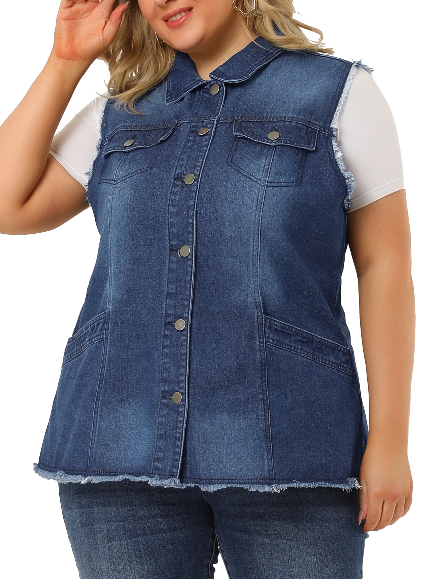 Unique Bargains Women's Plus Size Denim Vest Button Chest Flap Pocket  Sleeveless Jacket