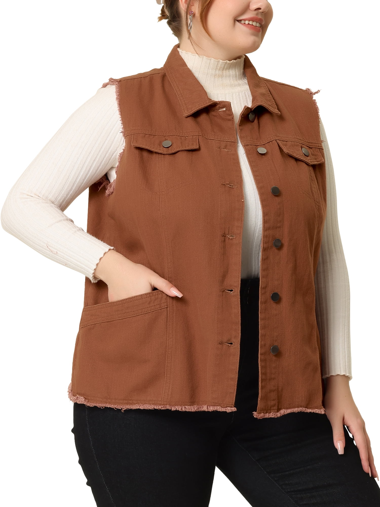 Unique Bargains Women's Plus Size Denim Vest Button Chest Flap Pocket