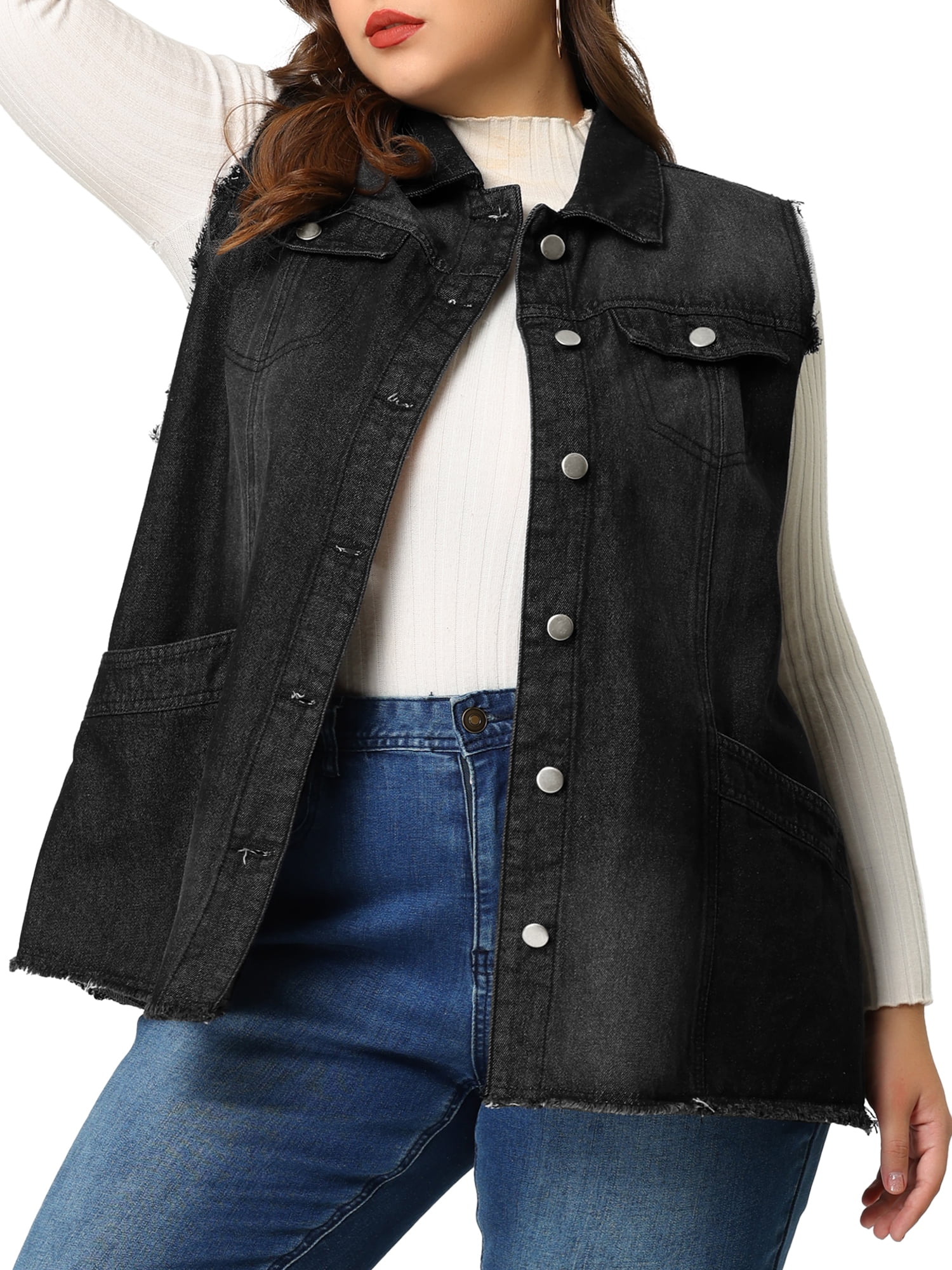 Plus size black denim vest online
