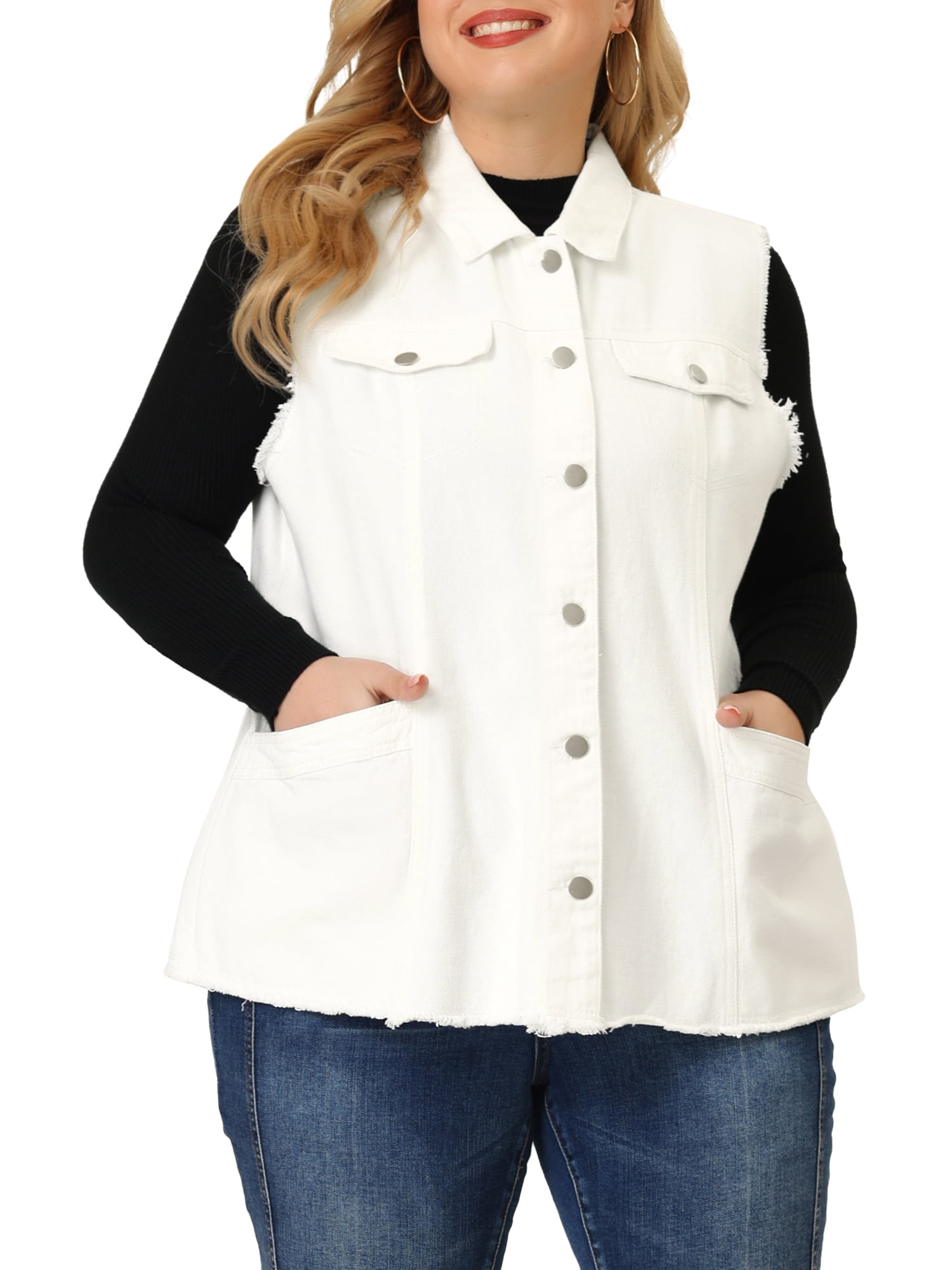 Unique Bargains Women's Plus Size Denim Vest Button Chest Flap Pocket