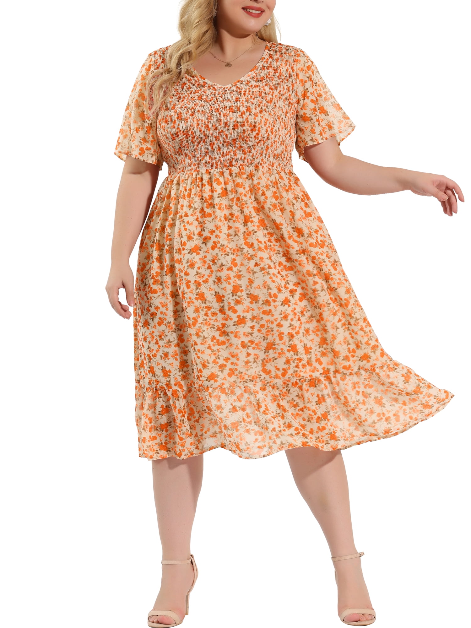 DARING DIVA Plus Size Elegant Floral Outfits Flare Midi Dress 4X White
