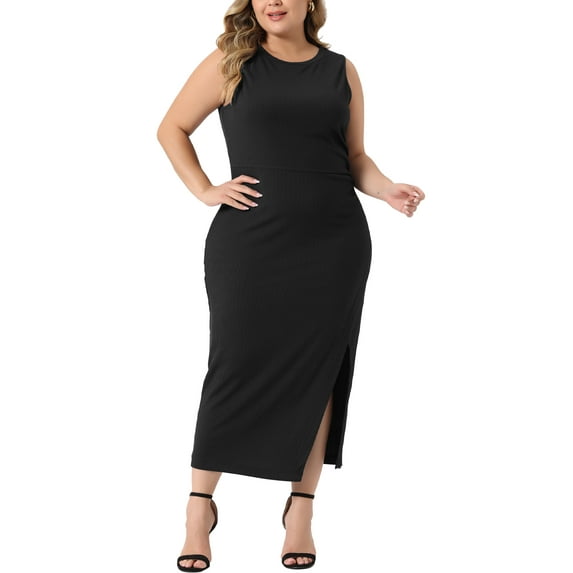 Unique Bargains Women's Plus Size Elegant Knit Slit Tank Midi Ruched Bodycon Dresses 1X Black