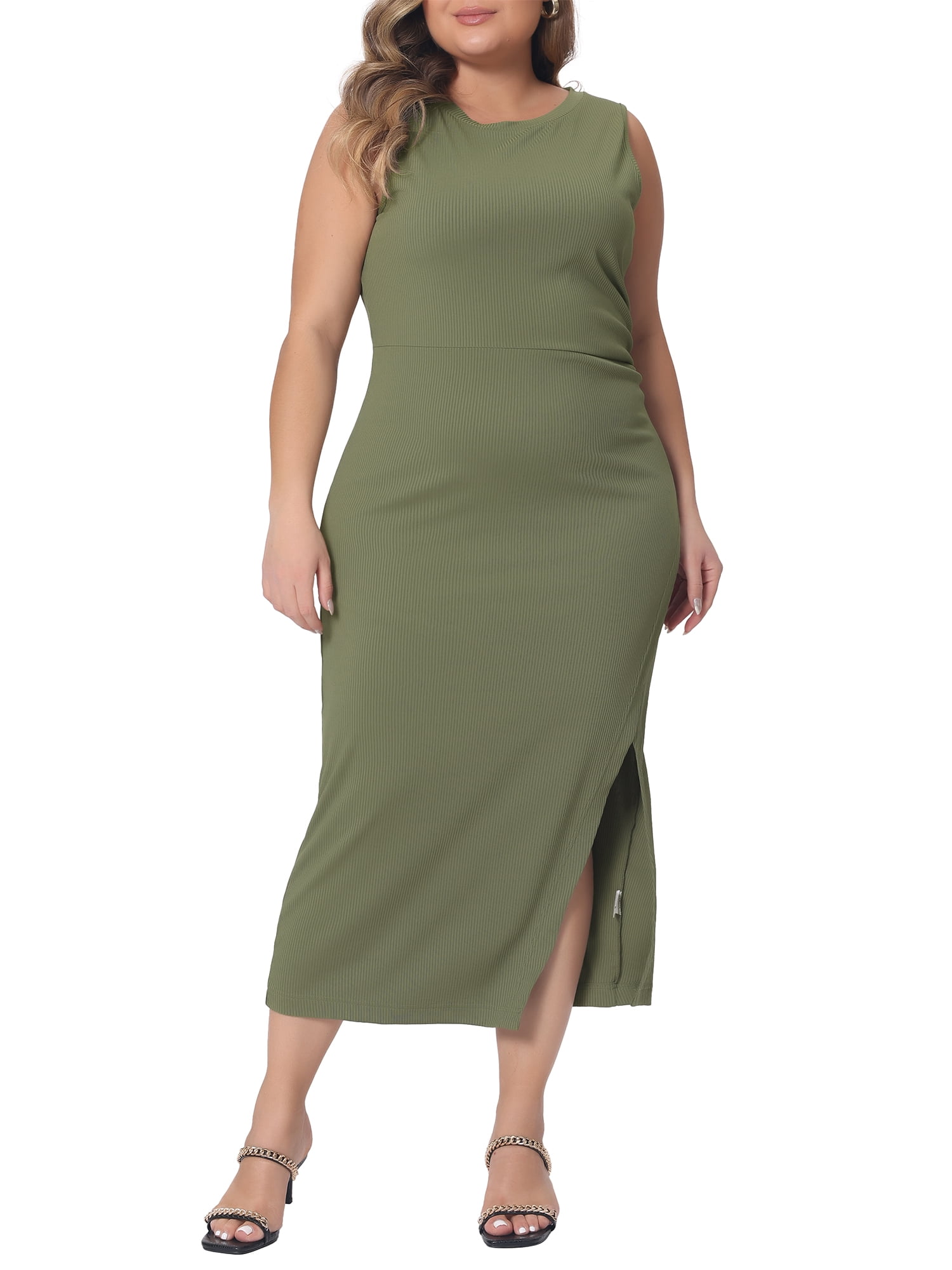 Unique Bargains Women's Plus Size Elegant Knit Slit Tank Midi Ruched Bodycon Dresses 2X Army Green