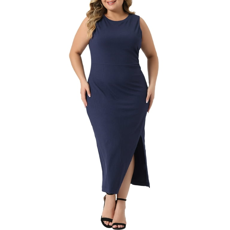Unique Bargains Women s Plus Size Elegant Knit Slit Tank Midi Ruched Bodycon Dresses 2X Navy Blue Walmart