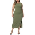 thumbnail image 1 of Unique Bargains Women's Plus Size Elegant Knit Slit Tank Midi Ruched Bodycon Dresses 3X Army Green, 1 of 6