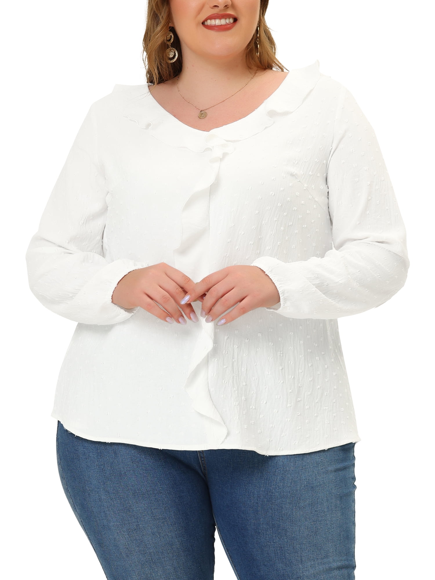 Unique Bargains Women's Plus Size Elegant Long Sleeve Ruffle Trim V Neck Blouses Tops 2X White