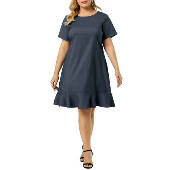 Unique Bargains Women's Plus Size Elegant Short Sleeve Ruffle Hem Denim Dress