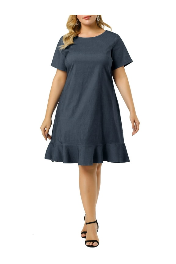 Women's Plus Size Elegant Short Sleeve Ruffle Hem Denim Dress