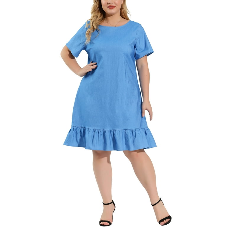Free Shipping Unique Bargains Women s Plus Size Elegant Short Sleeve Ruffle Hem Denim Dress Walmart