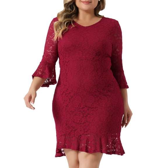 DARING DIVA Plus Size V Neck Ruffle Hem Lace Cocktail Dress 1X Burgundy