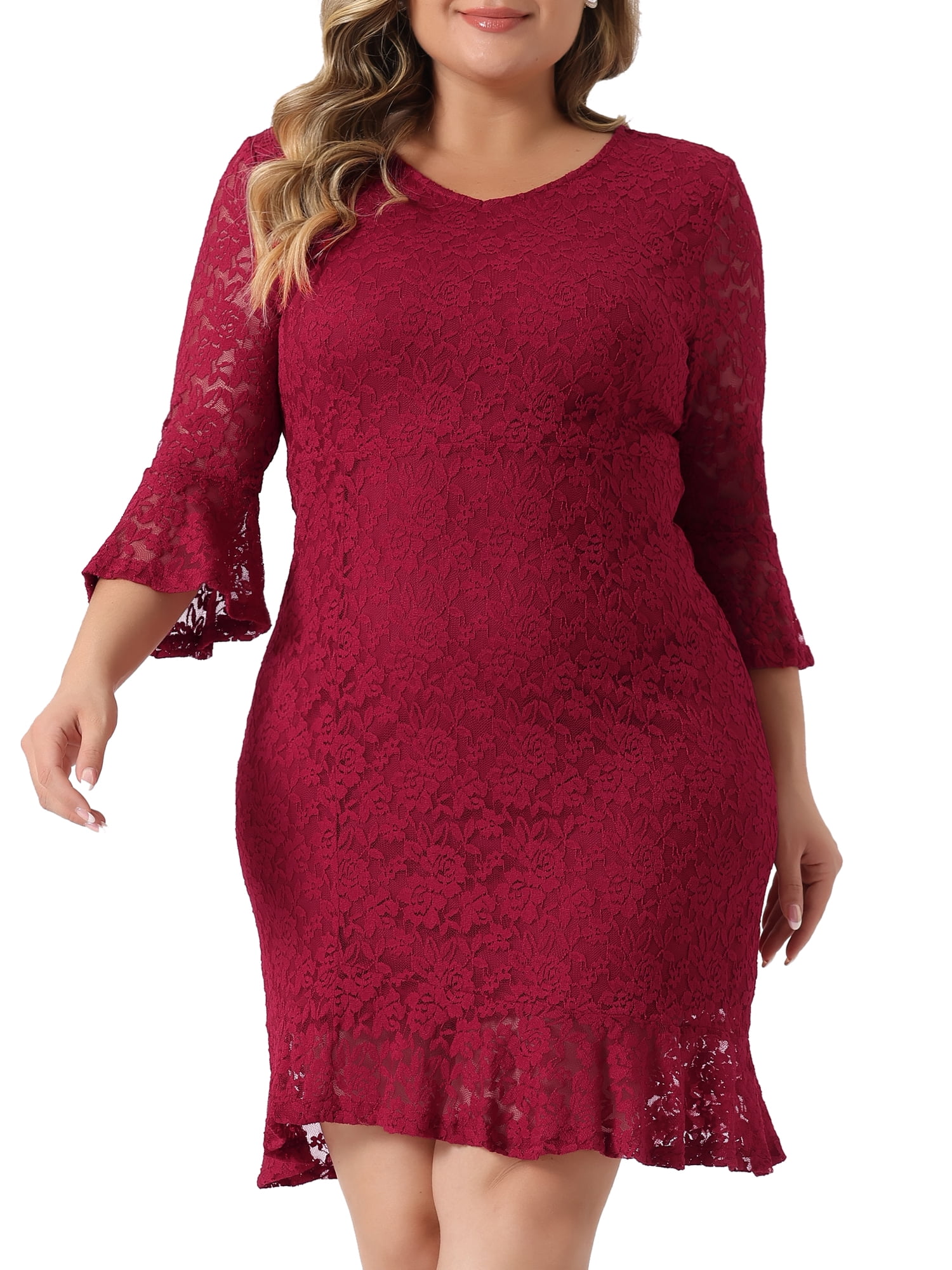 DARING DIVA Plus Size V Neck Ruffle Hem Lace Cocktail Dress 2X Burgundy