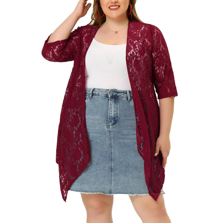 Unique Bargains Women's Plus Size Fall 3/4 Sleeve Lightweight Lace Cardigan
