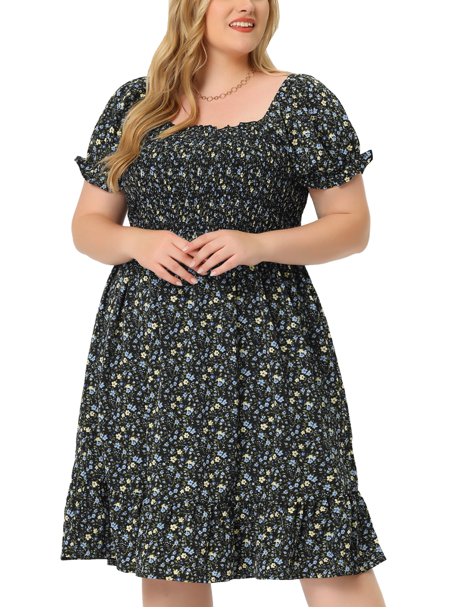 DARING DIVA Plus Size Flared Flowy Smock Ruffle Sleeve Floral Dress 3X Black