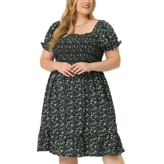 DARING DIVA Plus Size Flared Flowy Smock Ruffle Sleeve Floral Dress 3X Black