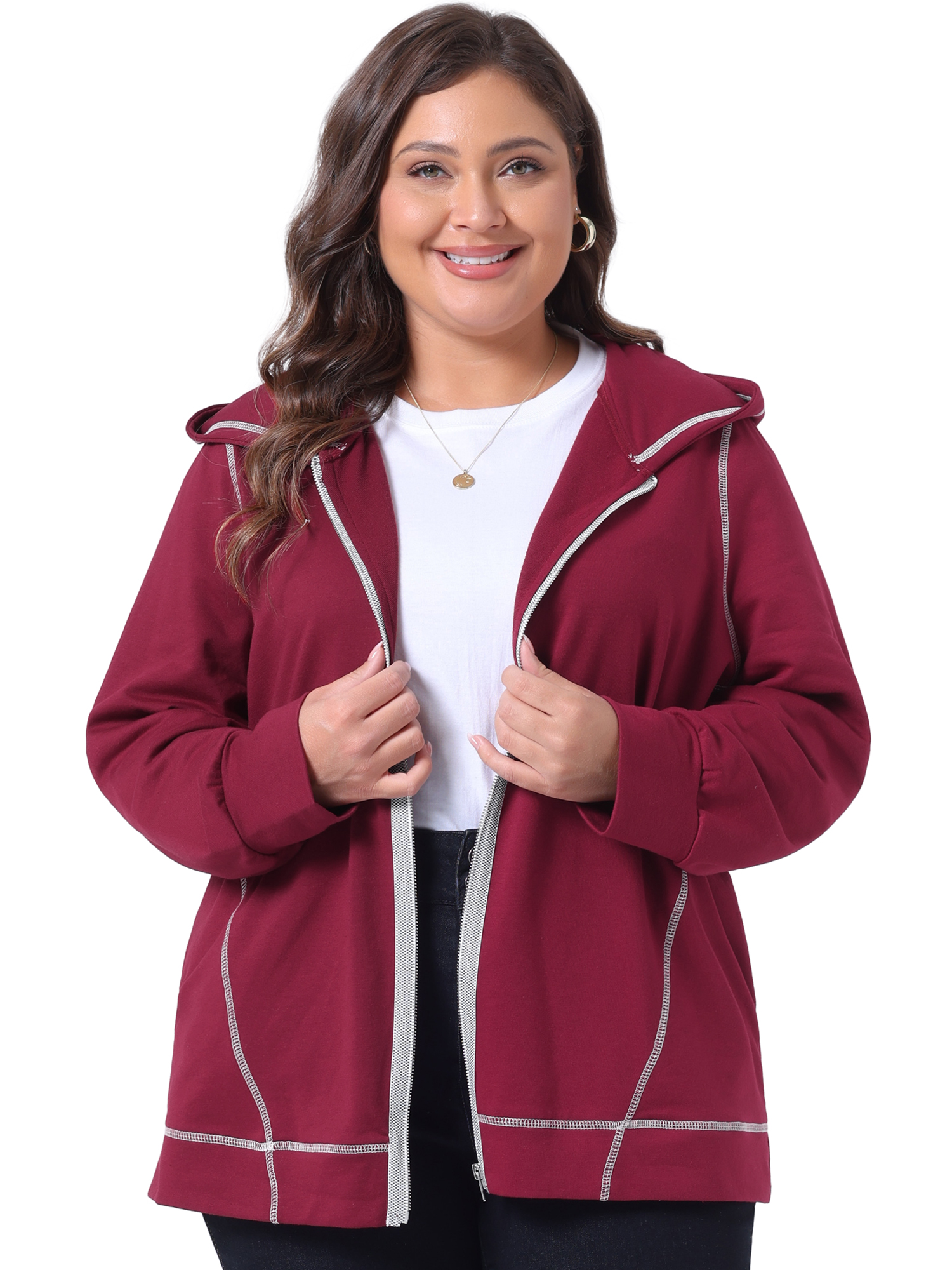 Unique Bargains Women's Plus Size Fleece Jacket Zip Front Hoodie 2X Burgundy
