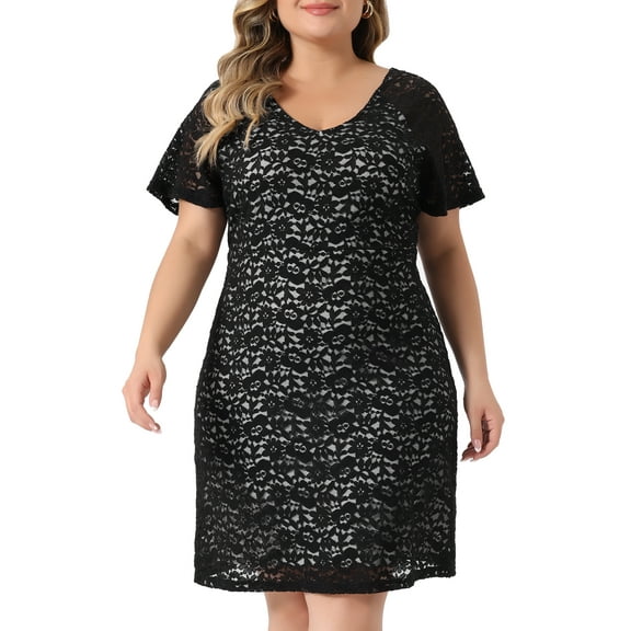 DARING DIVA Plus Size Floral Bateau V Neck Short Sleeves Lace Dress 1X Black