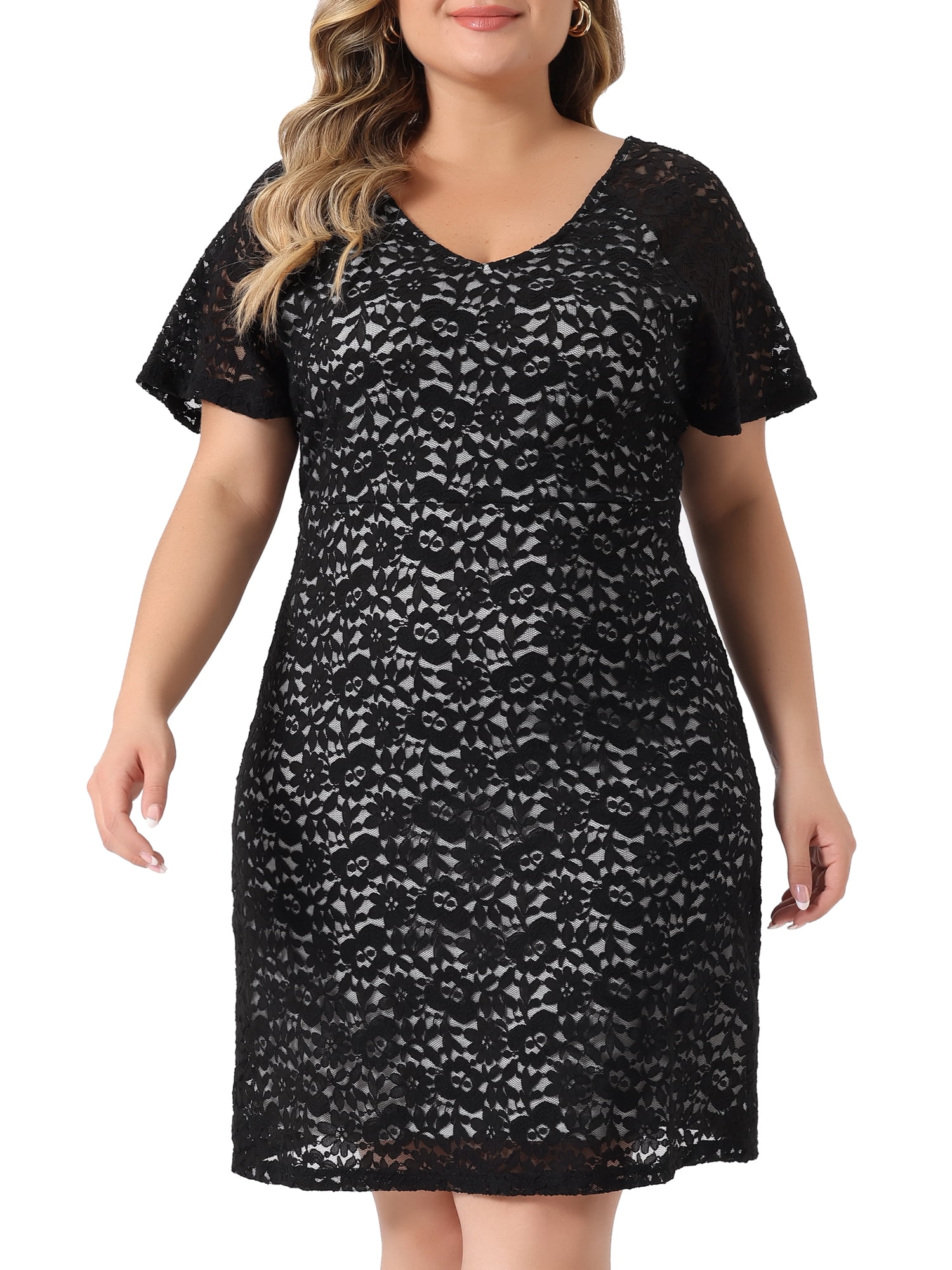 DARING DIVA Plus Size Floral Bateau V Neck Short Sleeves Lace Dress 3X Black