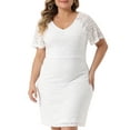 thumbnail image 1 of DARING DIVA Plus Size Floral Bateau V Neck Short Sleeves Lace Dress 3X White, 1 of 6