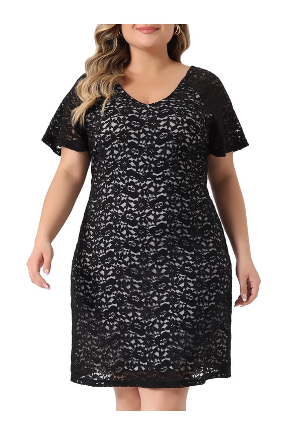 Plus Size Floral Bateau V Neck Short Sleeves Lace Dress 4X Black