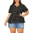thumbnail image 1 of Unique Bargains Women's Plus Size Floral Layered Flare Hem Casual Peplum Tops 1X Black, 1 of 6