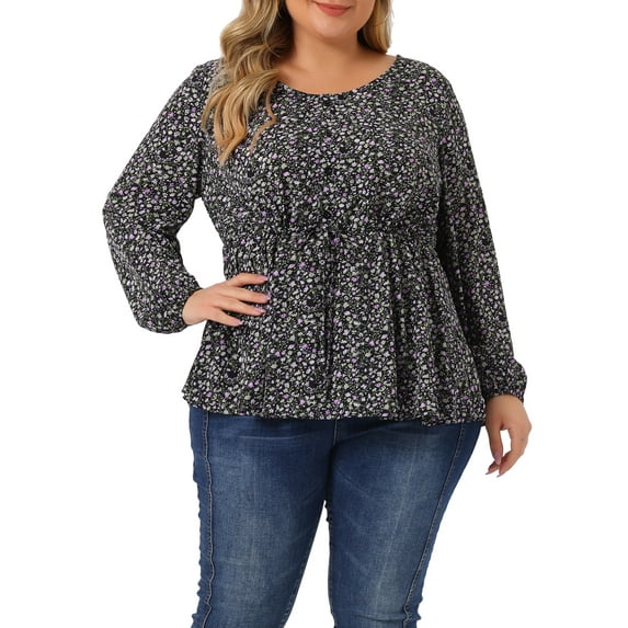Unique Bargains Women's Plus Size Floral Long Sleeves Belt Tie Ruffle Peplum Top Blouses 1X Black Purple