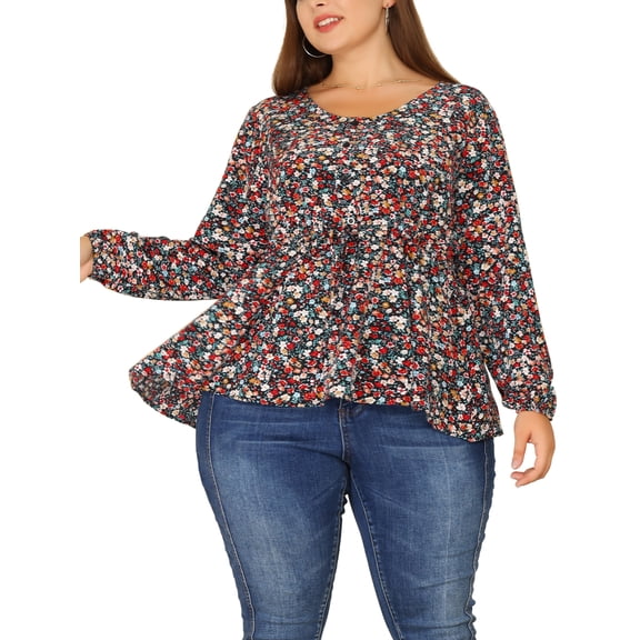 Unique Bargains Women's Plus Size Floral Long Sleeves Belt Tie Ruffle Peplum Top Blouses 1X Black