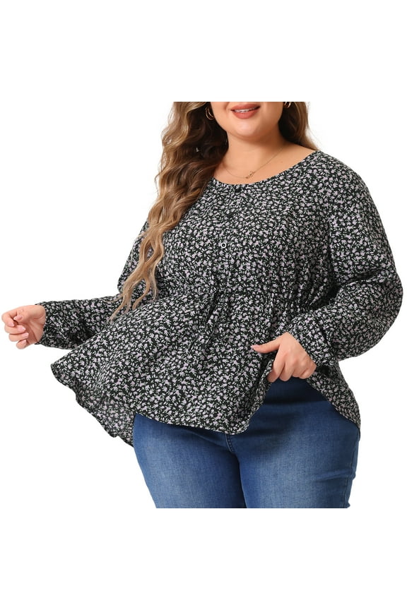 Women's Plus Size Floral Long Sleeves Belt Tie Ruffle Peplum Top Blouses 1X Purple