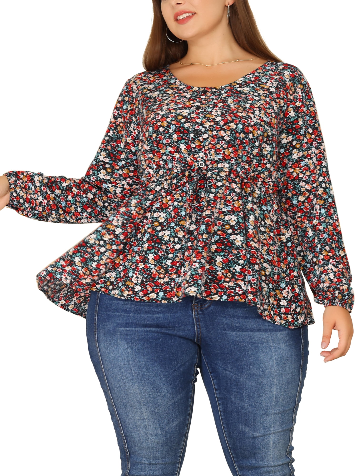 DARING DIVA Women's Plus Size Floral Print Long Sleeve Belt Tie Peplum Top 2X Black