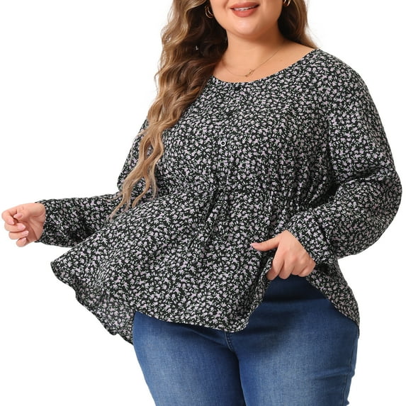 Unique Bargains Women's Plus Size Floral Long Sleeves Belt Tie Ruffle Peplum Top Blouses 3X Purple