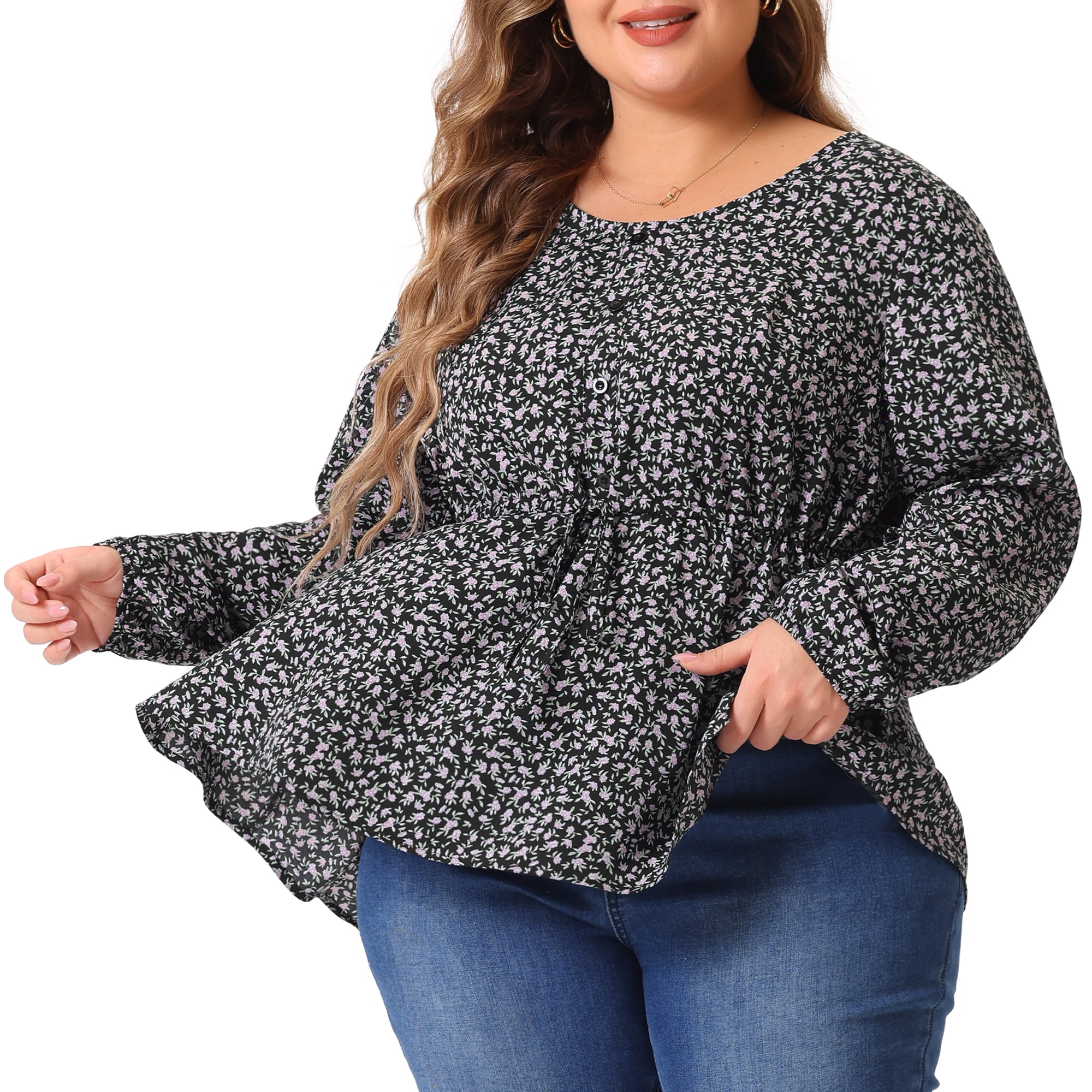 DARING DIVA Women's Plus Size Floral Print Long Sleeve Belt Tie Peplum Top 3X Purple