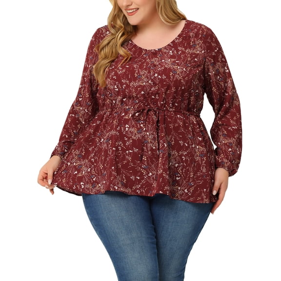 Unique Bargains Women's Plus Size Floral Long Sleeves Belt Tie Ruffle Peplum Top Blouses 3X Red