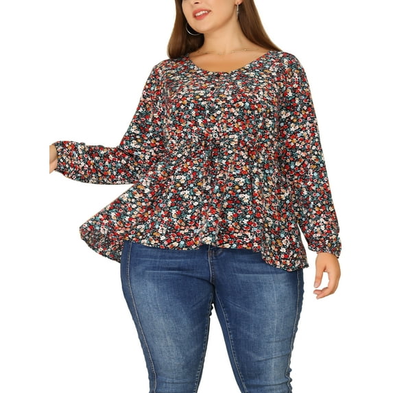 Unique Bargains Women's Plus Size Floral Long Sleeves Belt Tie Ruffle Peplum Top Blouses 4X Black
