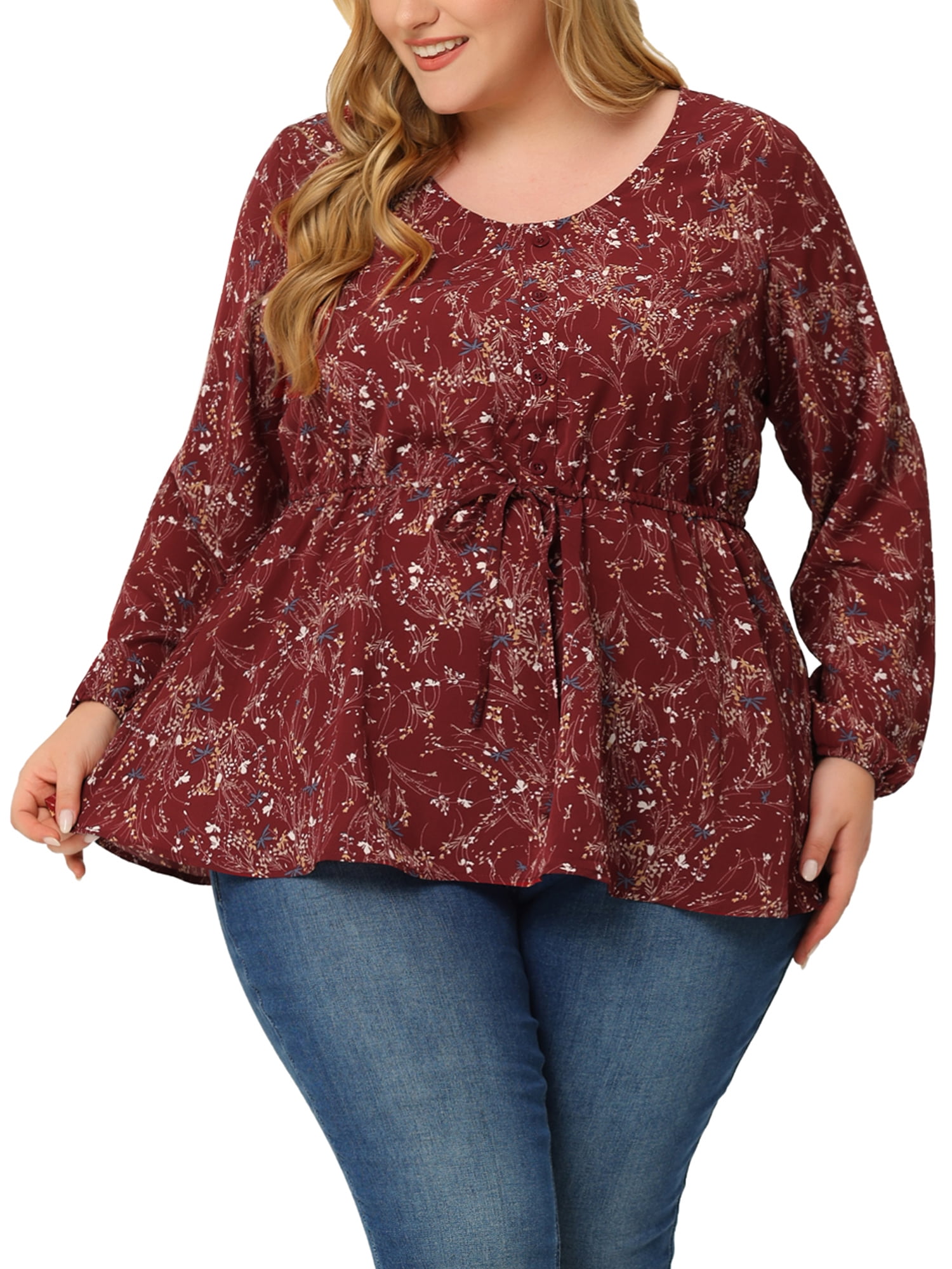 DARING DIVA Women's Plus Size Floral Print Long Sleeve Belt Tie Peplum Top 4X Red
