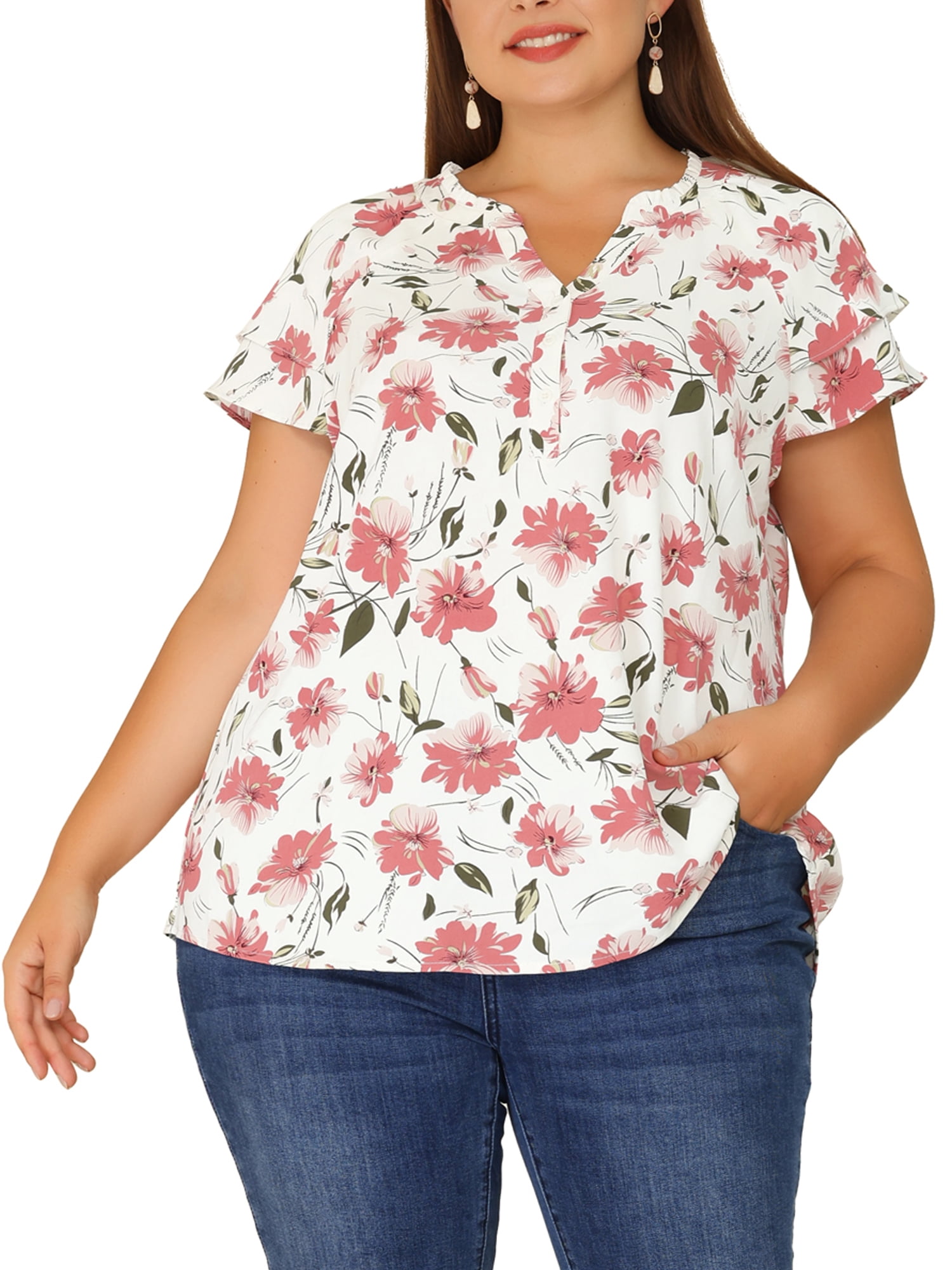 Unique Bargains Women's Plus Size Layered Sleeve V Neck Floral Tops Tunics 2X Pink White