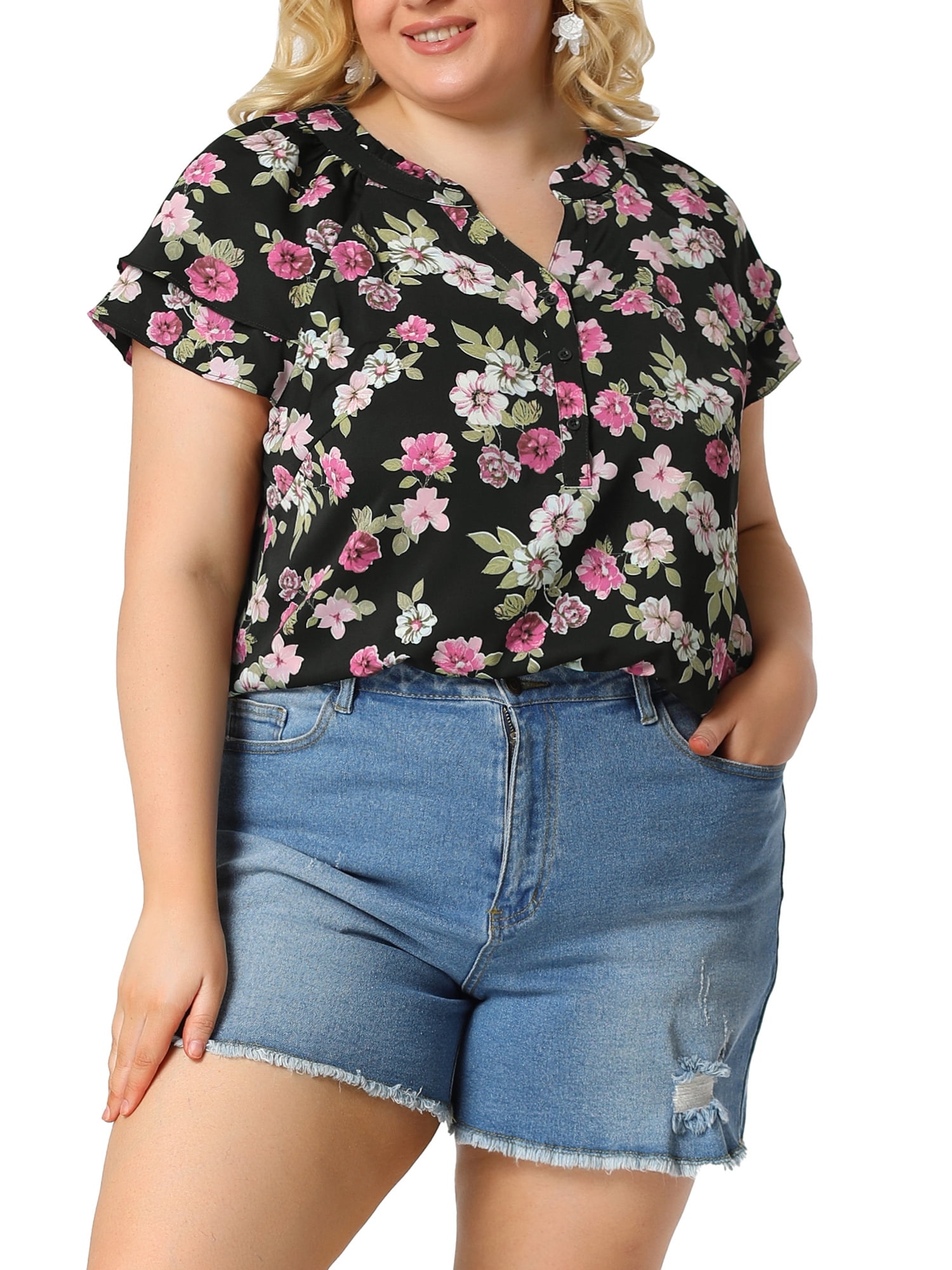 Unique Bargains Women's Plus Size Layered Sleeve V Neck Floral Tops Tunics 4X Black