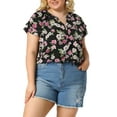 thumbnail image 1 of Unique Bargains Women's Plus Size Floral Ruffle Trim V Neck Layered Sleeve Top, 1 of 7