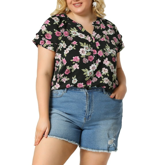 Unique Bargains Women's Plus Size Floral Ruffle Trim V Neck Layered Sleeve Top