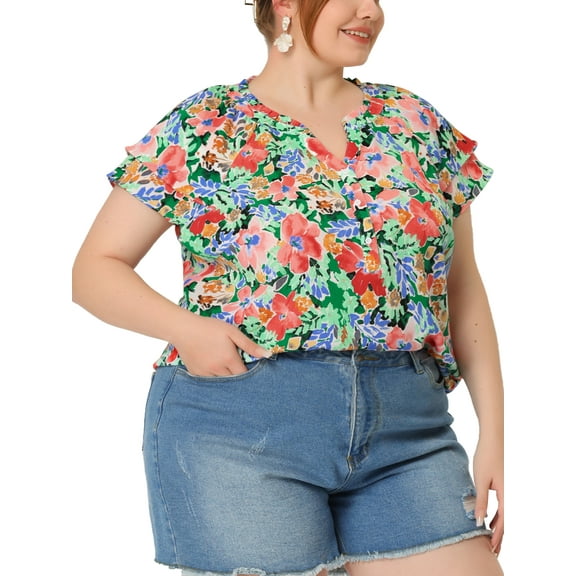 Unique Bargains Women's Plus Size Floral Ruffle Trim V Neck Layered Sleeve Top